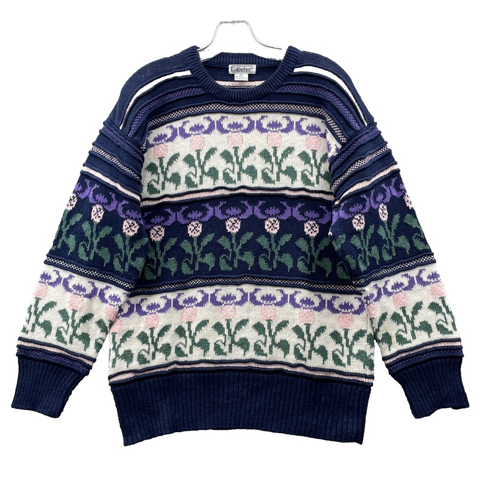 VTG Gallagher 3D Knit Sweater Large Nordic Floral Academia Cabin Cottage Grandma